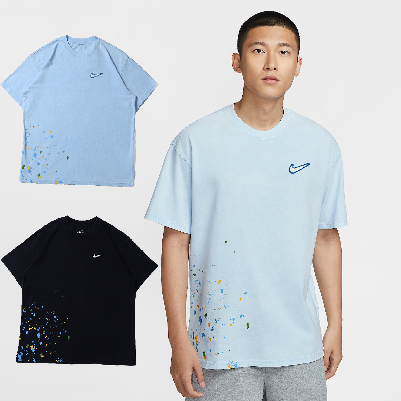男款 NIKE MAX90 TEE 淺藍 黑 立體LOGO 潑漆 落肩 印花 寬鬆 純棉 運動 休閒 短T【HV1672】