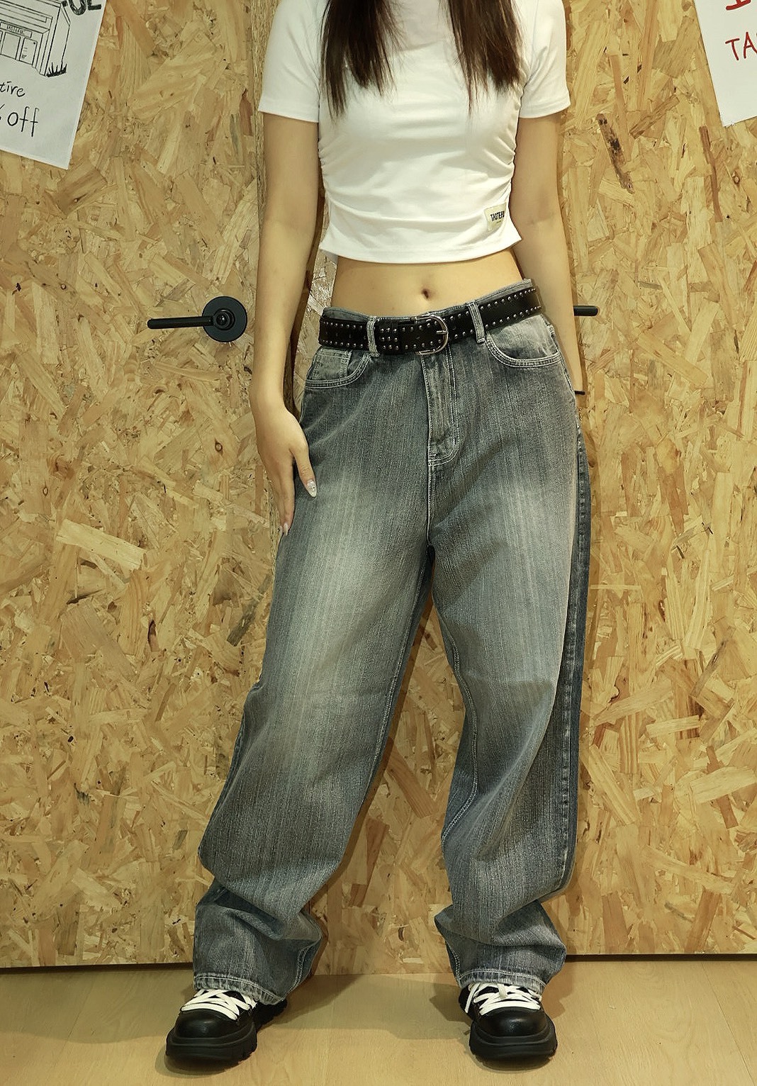 線條 刷白車線 直筒版型 #牛仔褲