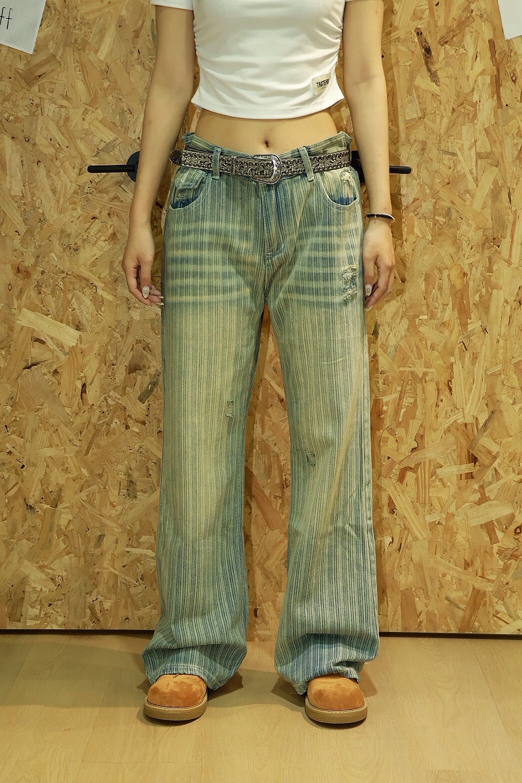 直條紋 破壞設計 刷白 #牛仔褲