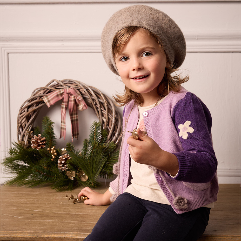 PIPPY優雅撞色不對稱緹花圓領線衫外套 紫