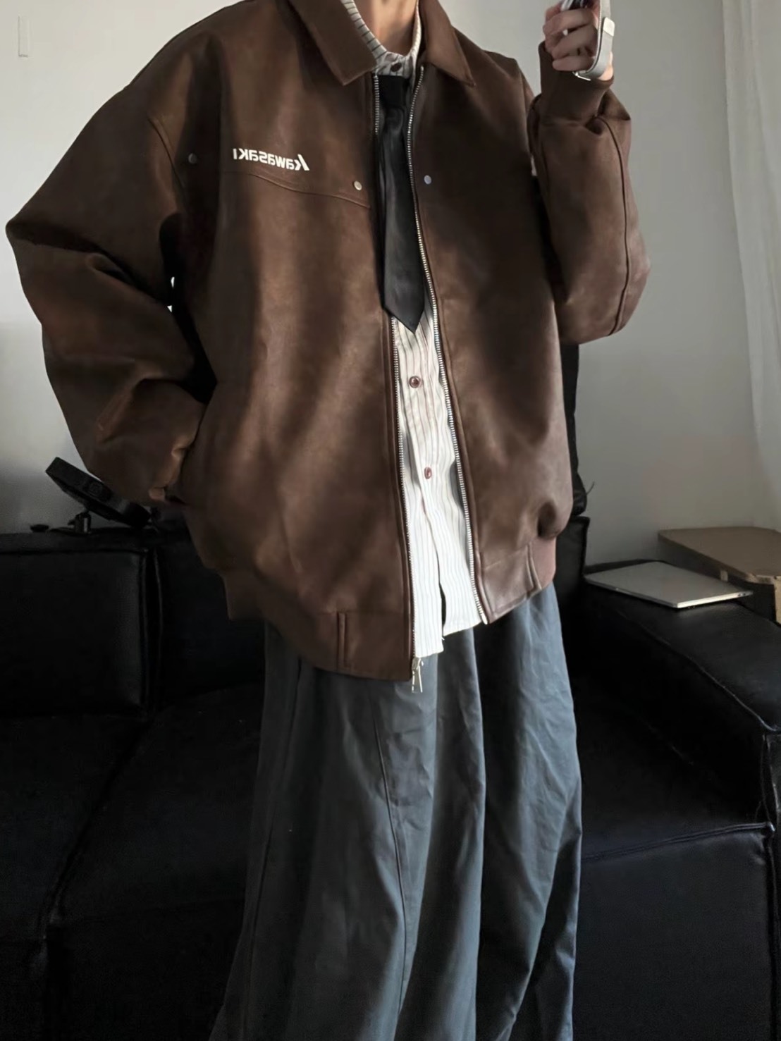 KAWASAKI 川崎 水洗 做舊 拉鍊翻領 皮衣