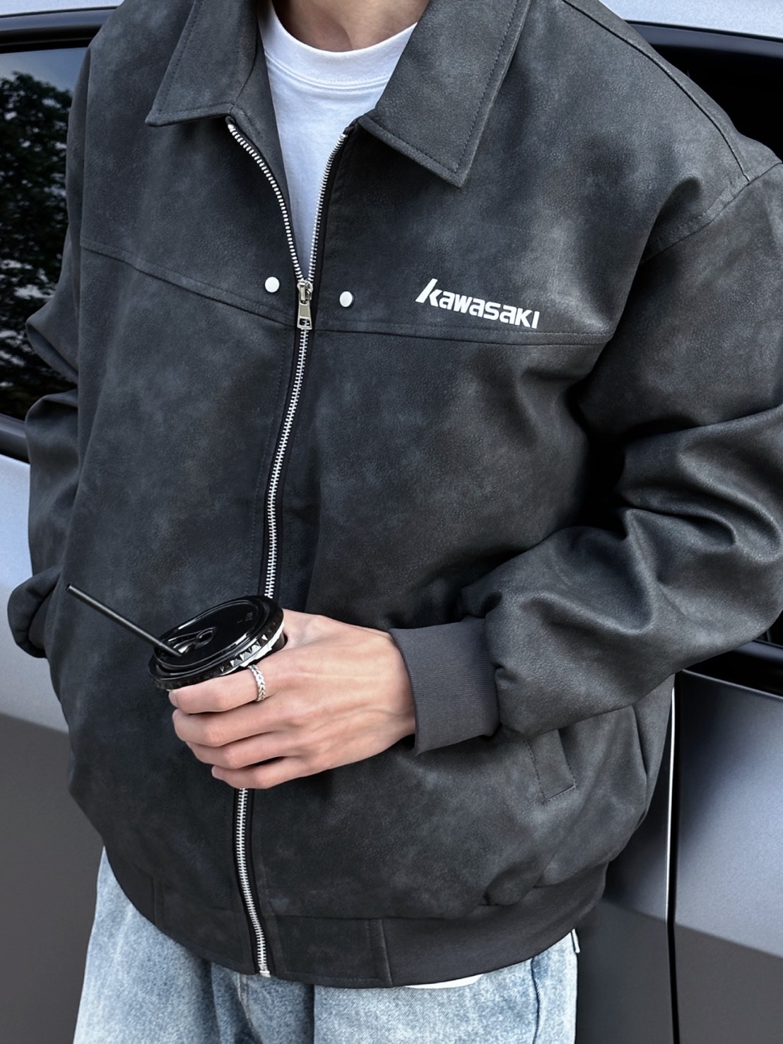 KAWASAKI 川崎 水洗 做舊 拉鍊翻領 皮衣