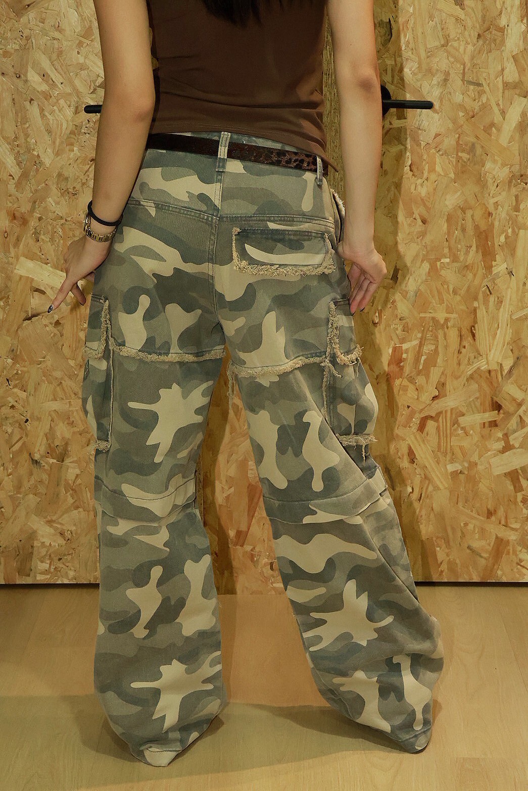 雙口袋 毛邊設計 迷彩 #牛仔褲