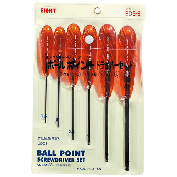 日本製 EIGHT｜起子型球頭內六角板手｜1.5~5mm 6支組 起子柄六角扳手 球頭內六角工具｜BDS-6