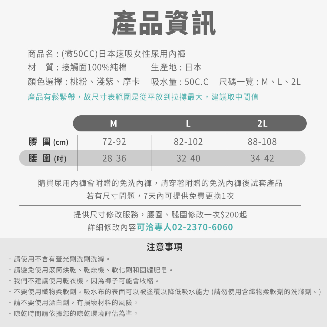 日本速吸女性尿用內褲50c.c尺寸對照表，根據腰圍、臀圍，選擇適合的尺寸。不緊勒，但也不能太寬鬆，避免無法在第一時間將漏尿吸收