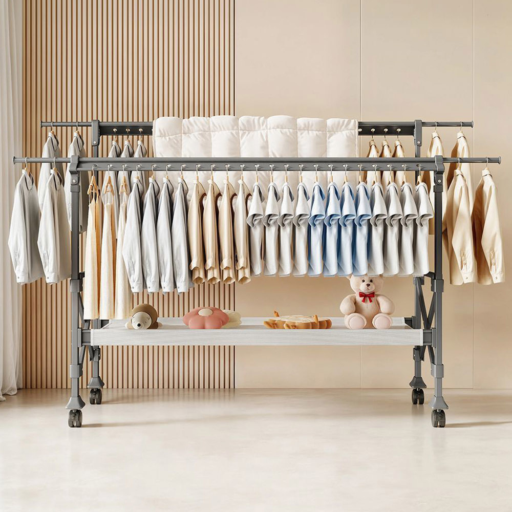 【AOTTO】H型雙桿附輪伸縮折疊曬衣架(HA-033)