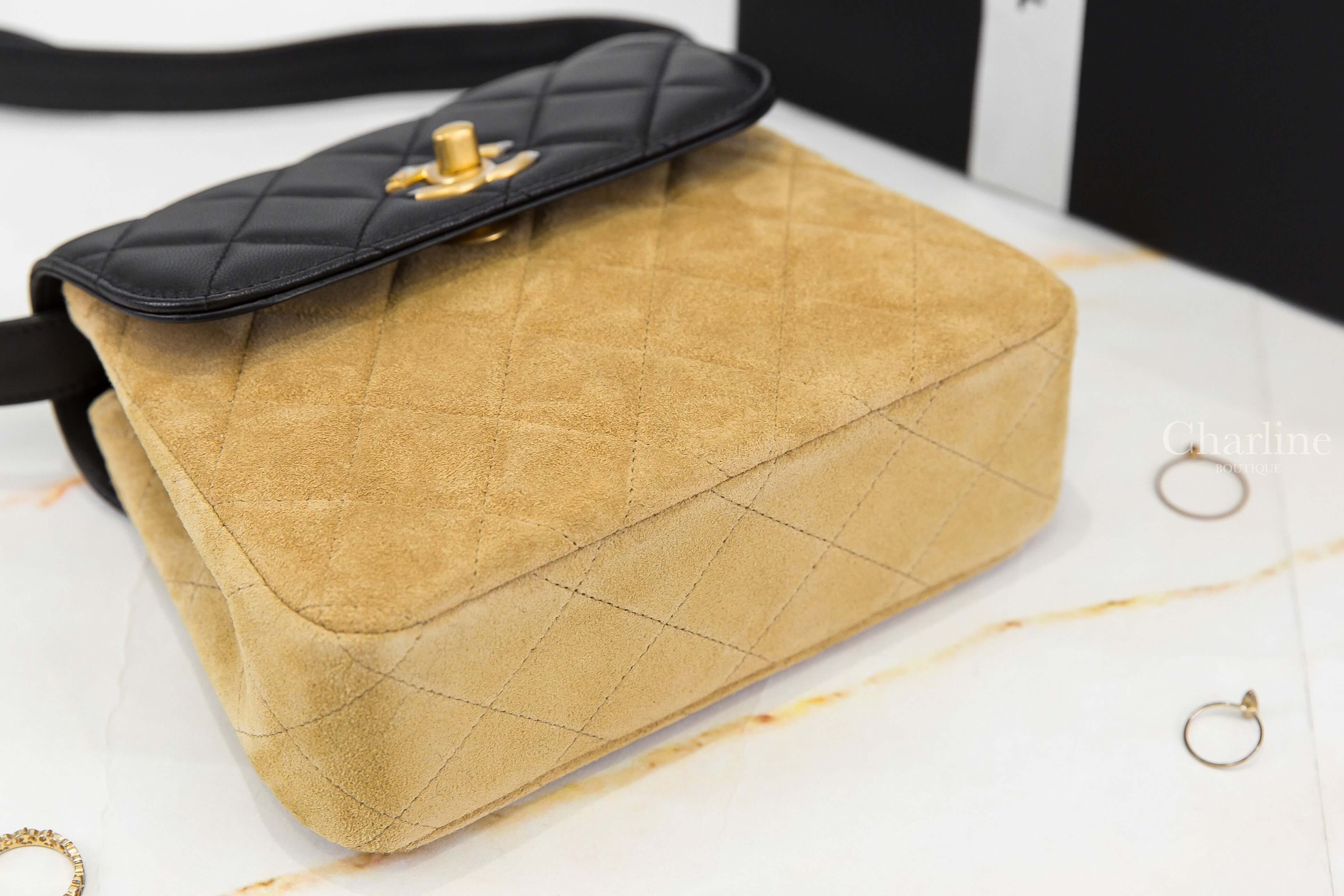 Chanel Bag 黑色羊皮拼奶茶色麂皮菱格紋金CC黑色背帶肩背包-Charline Boutique 精品代購