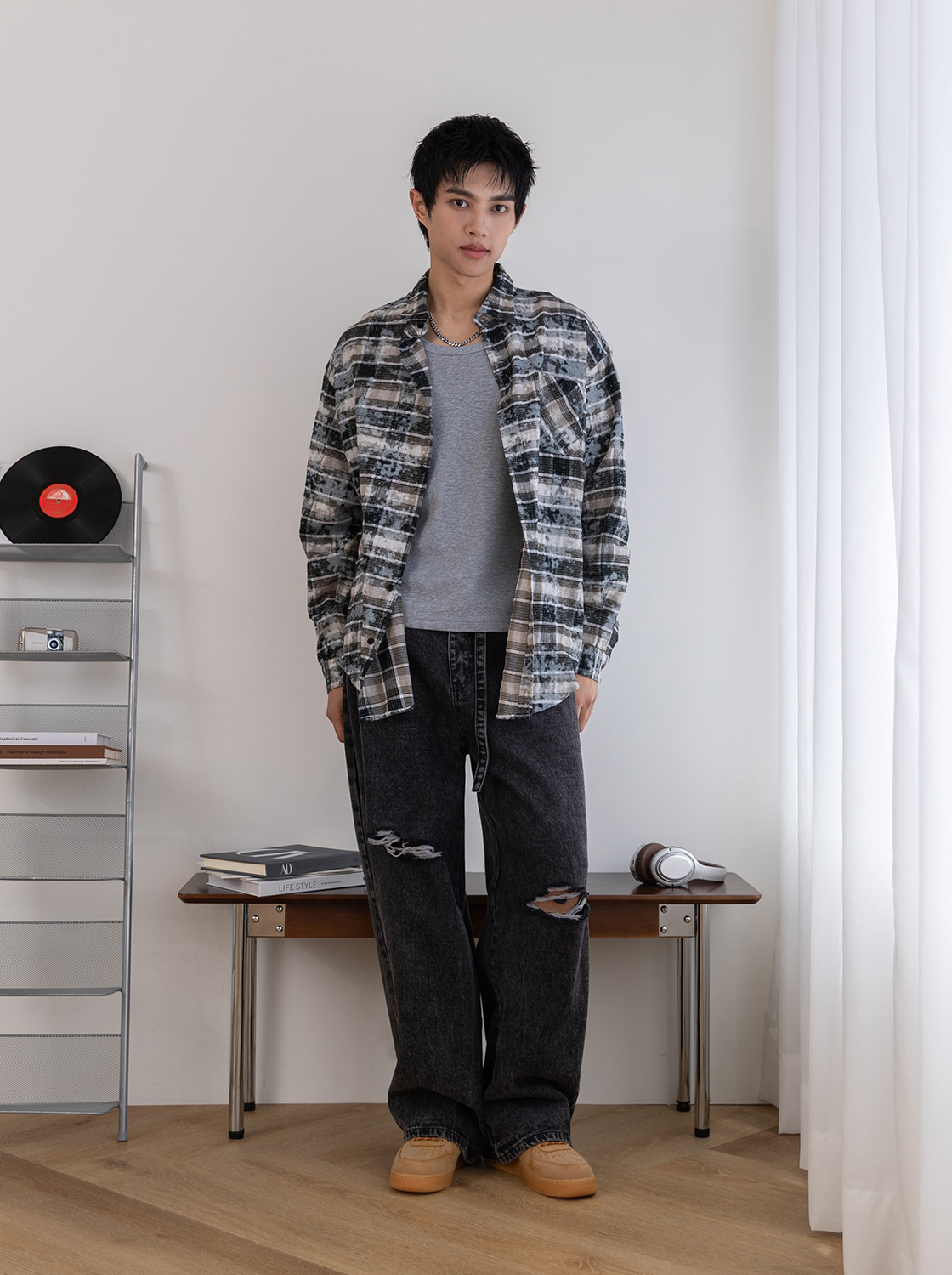 【第二件5折】復古做舊格紋長袖襯衫