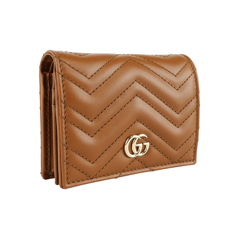【GUCCI】GG Marmont 銀字山型紋縫線皮革小短夾(棕色)