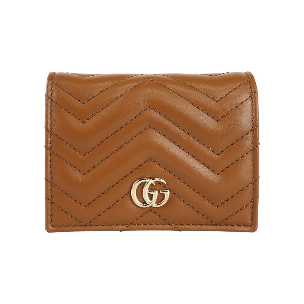 【GUCCI】GG Marmont 銀字山型紋縫線皮革小短夾(棕色)
