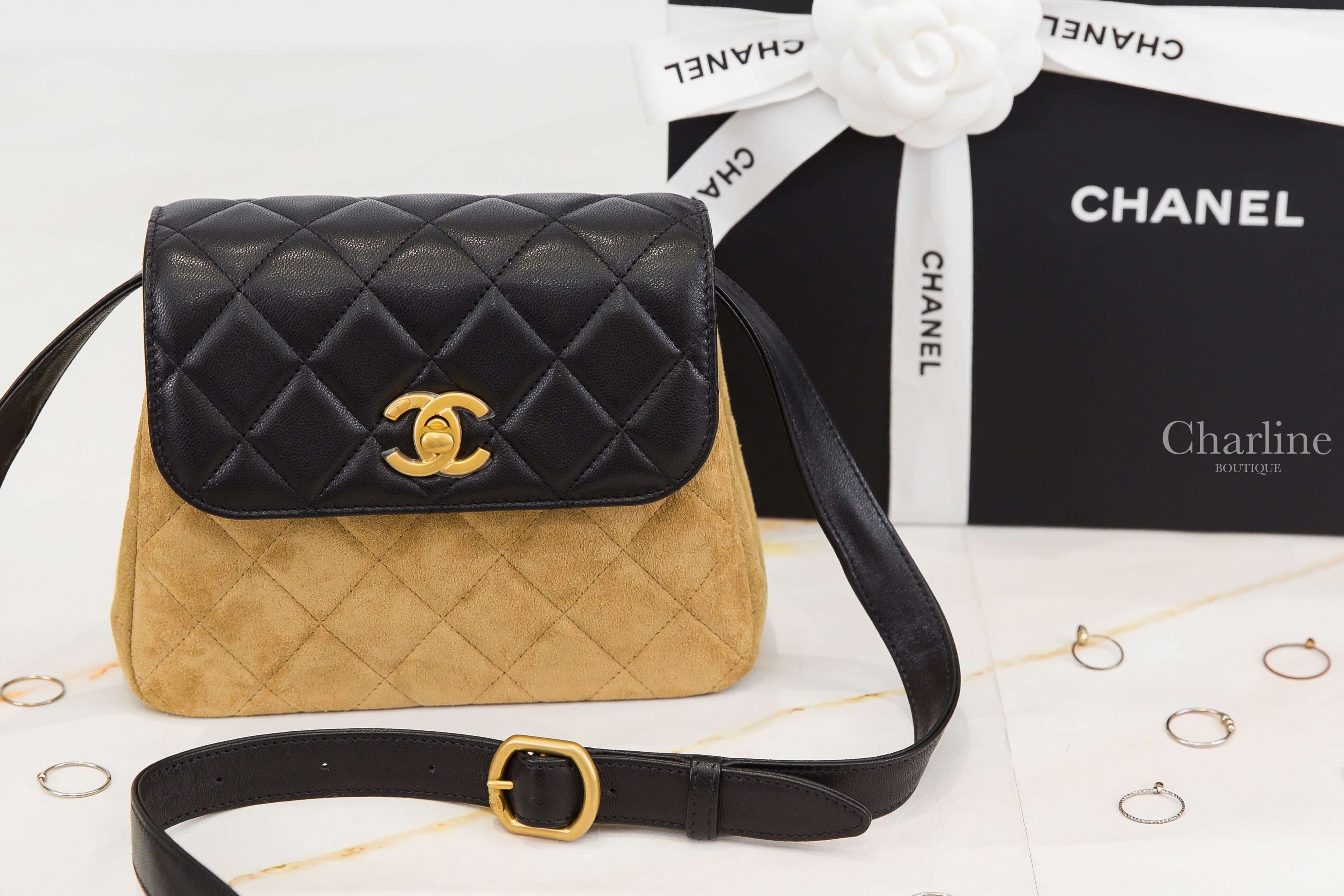 Chanel Bag 黑色羊皮拼奶茶色麂皮菱格紋金CC黑色背帶肩背包-Charline Boutique 精品代購