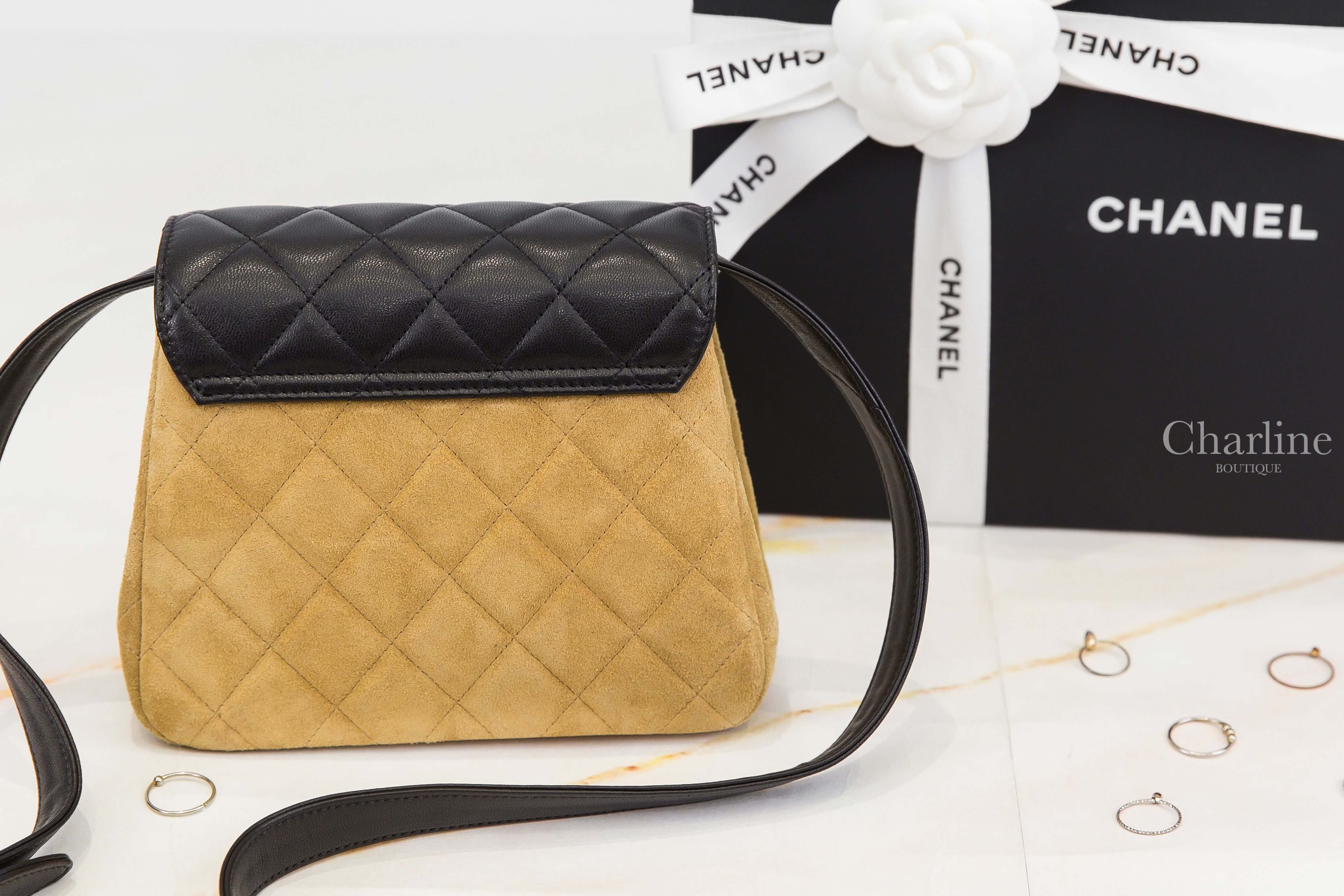Chanel Bag 黑色羊皮拼奶茶色麂皮菱格紋金CC黑色背帶肩背包-Charline Boutique 精品代購