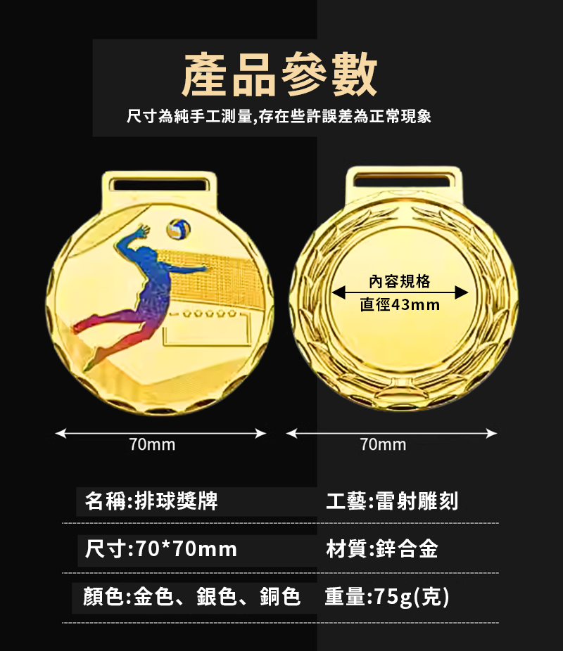 訂製金屬排球獎牌 升級送彩色排版金貼 BK9836