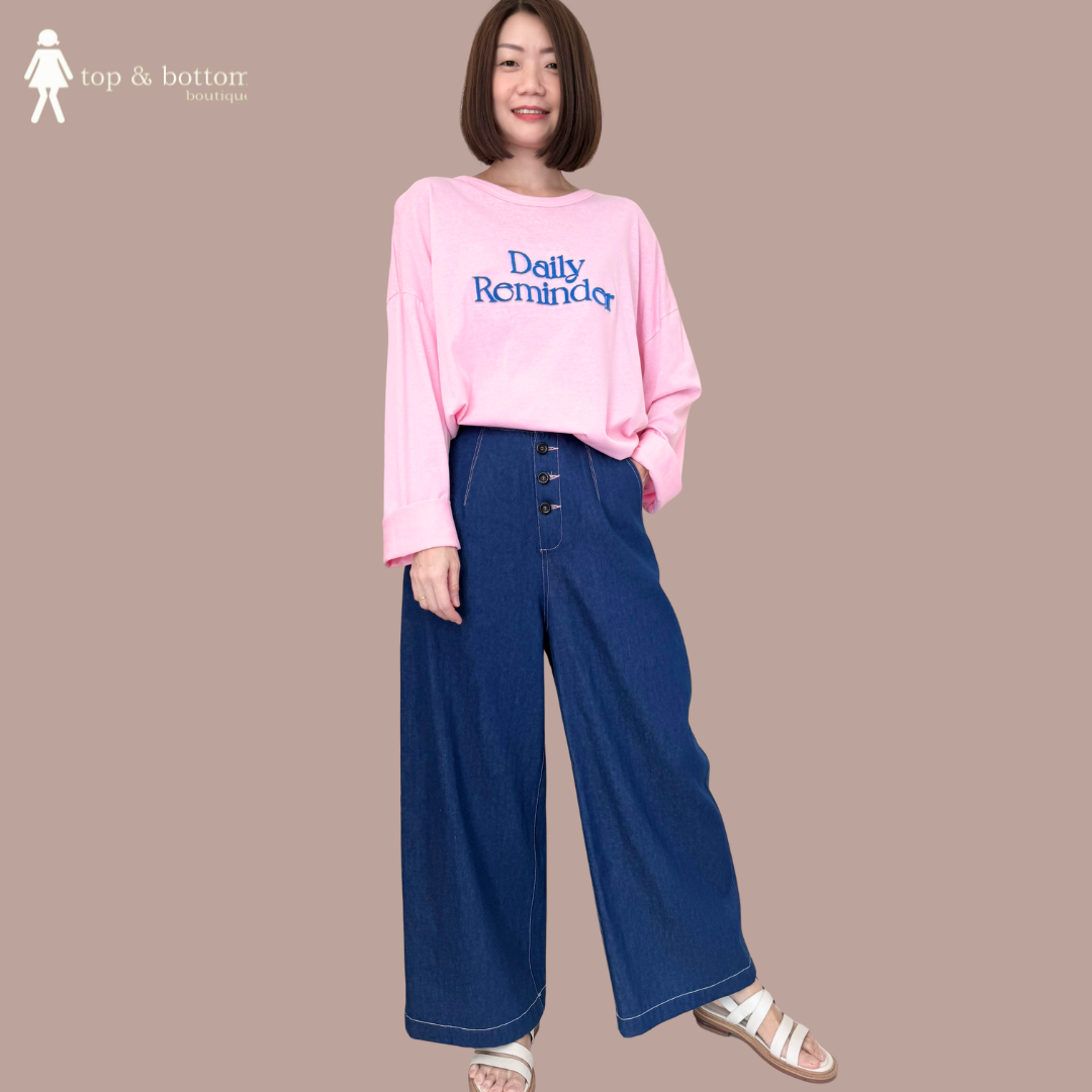 HIGH WAISTED DENIM BUTTON WIDE LEG PANT