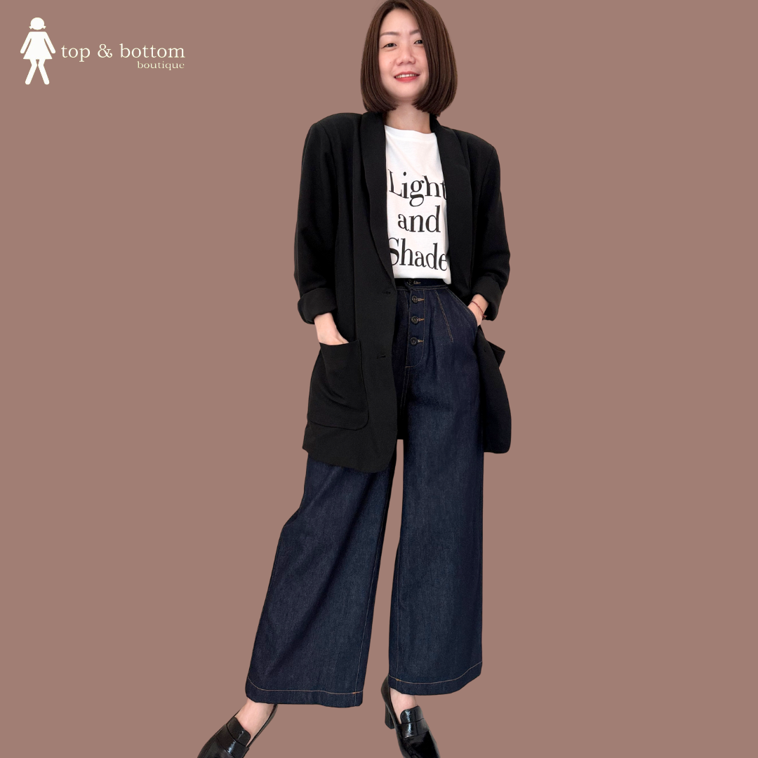 HIGH WAISTED DENIM BUTTON WIDE LEG PANT