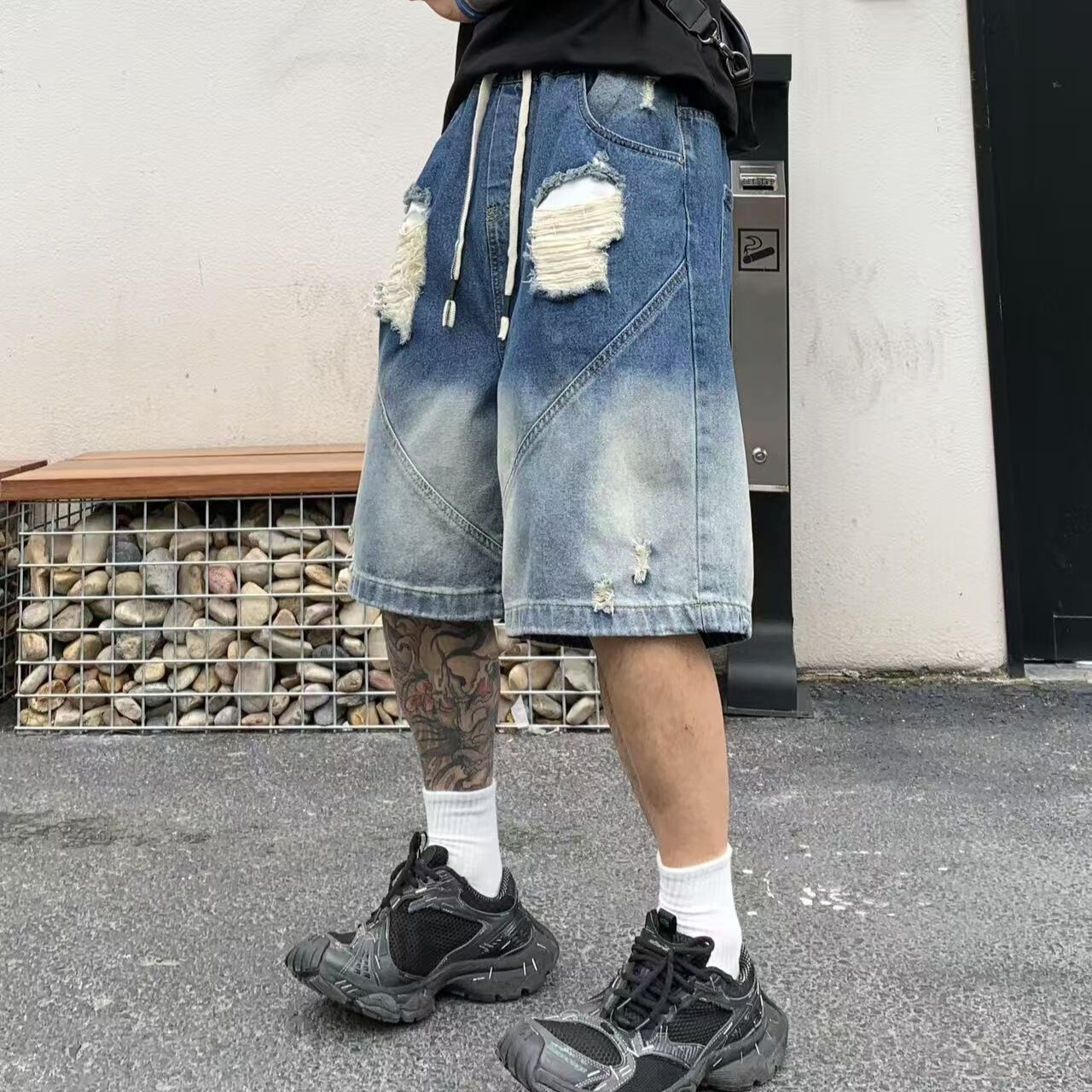 XCTRL 漸層雙破壞鬆緊7分牛仔短褲-藍