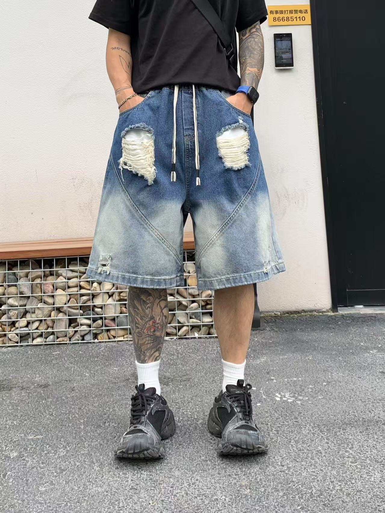 XCTRL 漸層雙破壞鬆緊7分牛仔短褲-藍