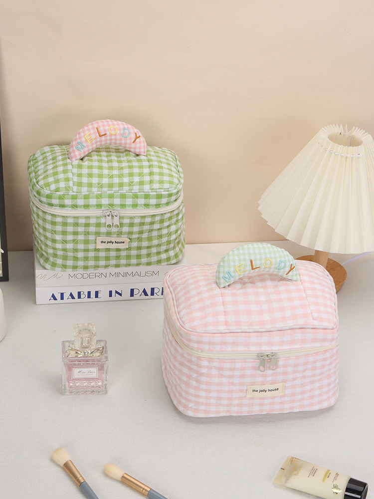 蝴蝶結格紋手提化妝包
