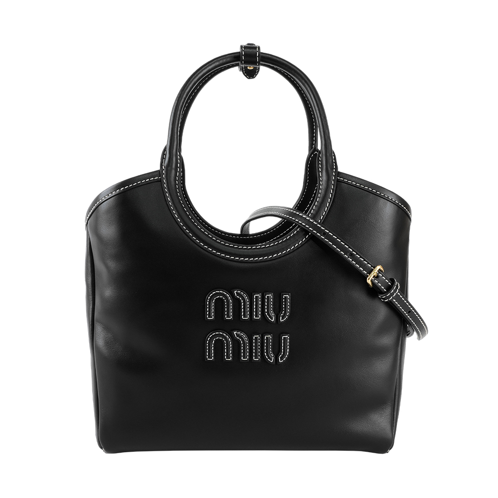 【Miu Miu】Ivy 縫線標誌小牛皮手提/斜背二用包(黑色)