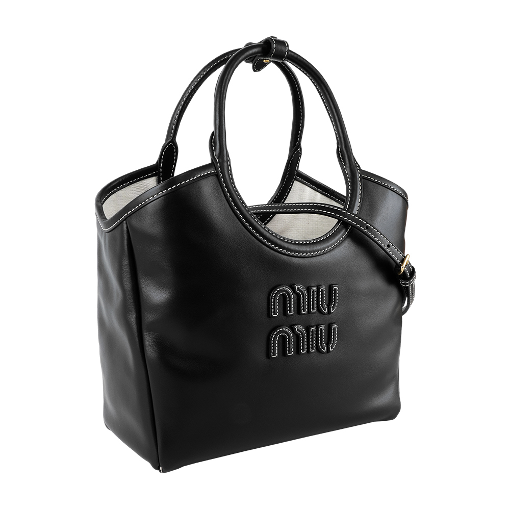 【Miu Miu】Ivy 縫線標誌小牛皮手提/斜背二用包(黑色)