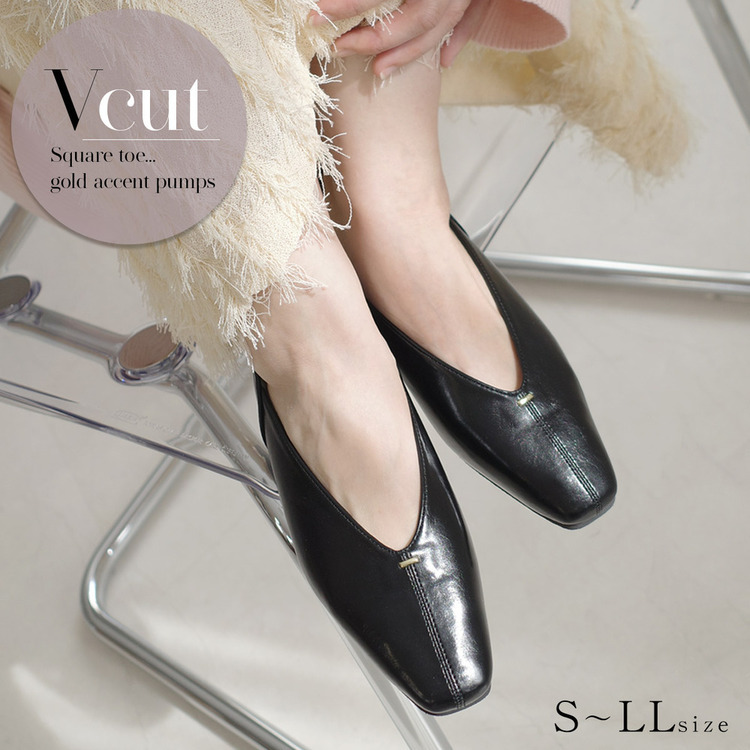 低調老錢 方頭V型金飾平底鞋【SY029】
