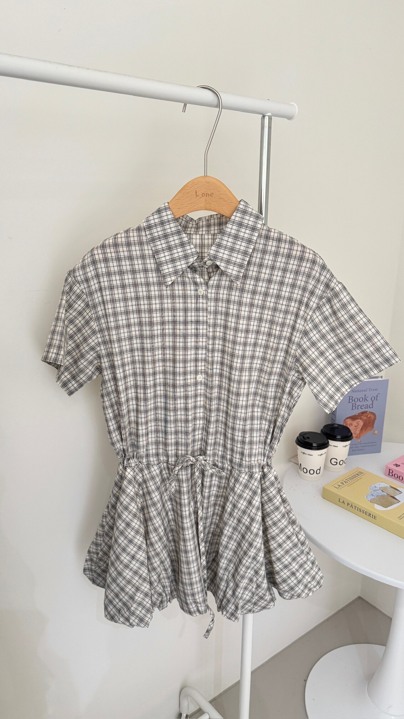 格紋綁帶花苞短洋