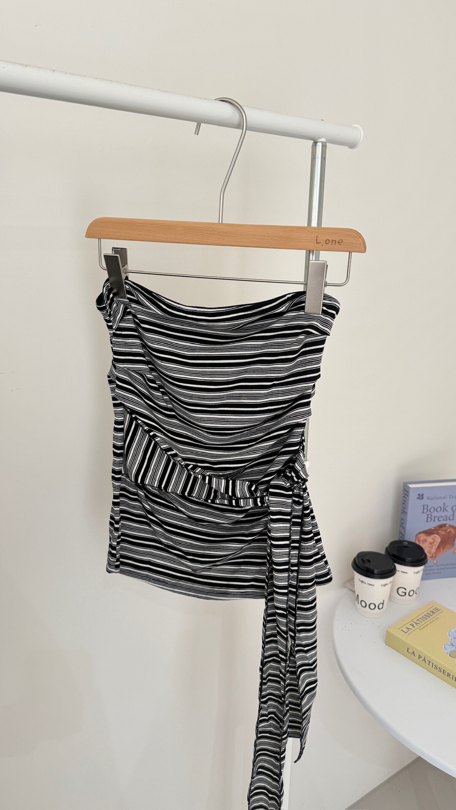 平口條紋綁帶上衣