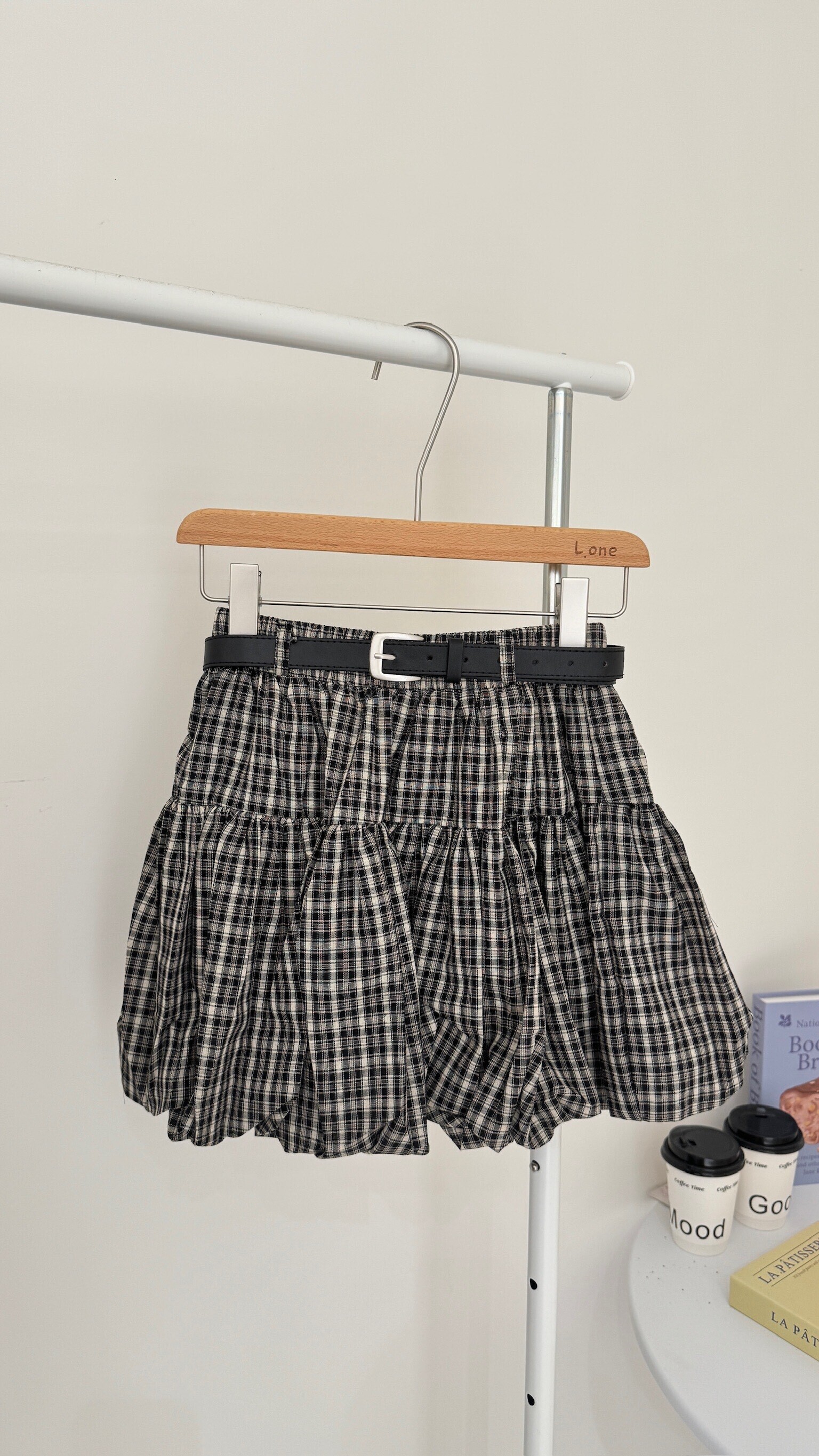 格紋花苞裙（附皮帶）