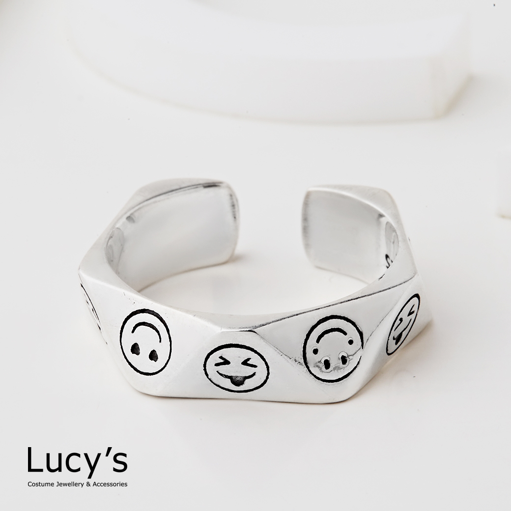 925純銀 表情符號 硫化開口戒 (123562)