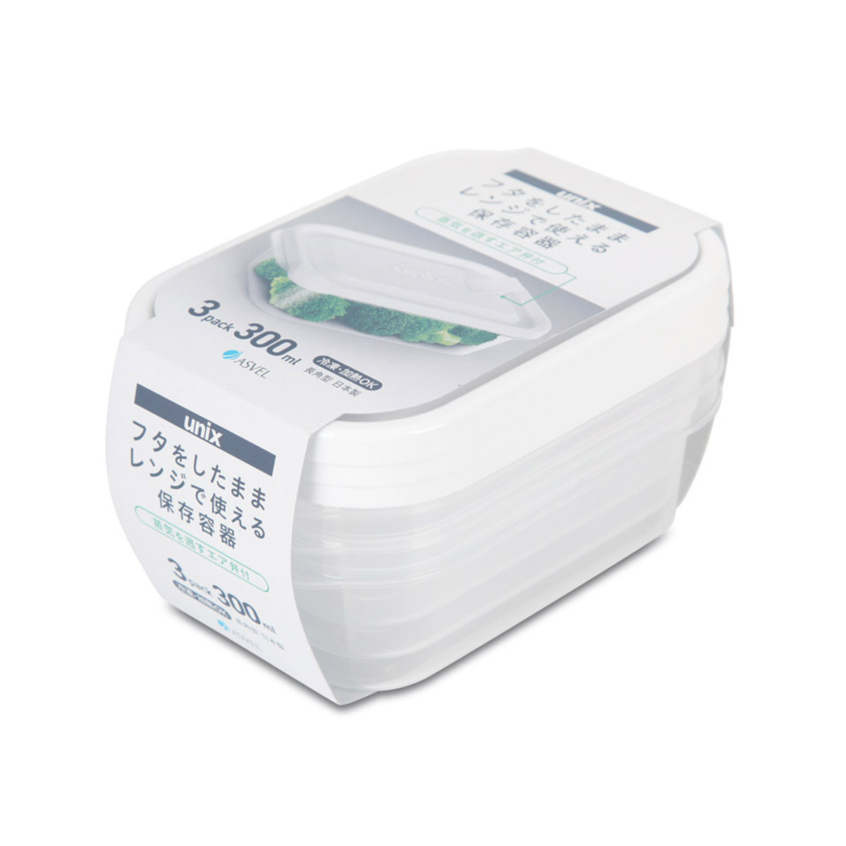 日本品牌 ASVEL UNIX 3件裝 300ml 長方形微波爐盒 -3701-W