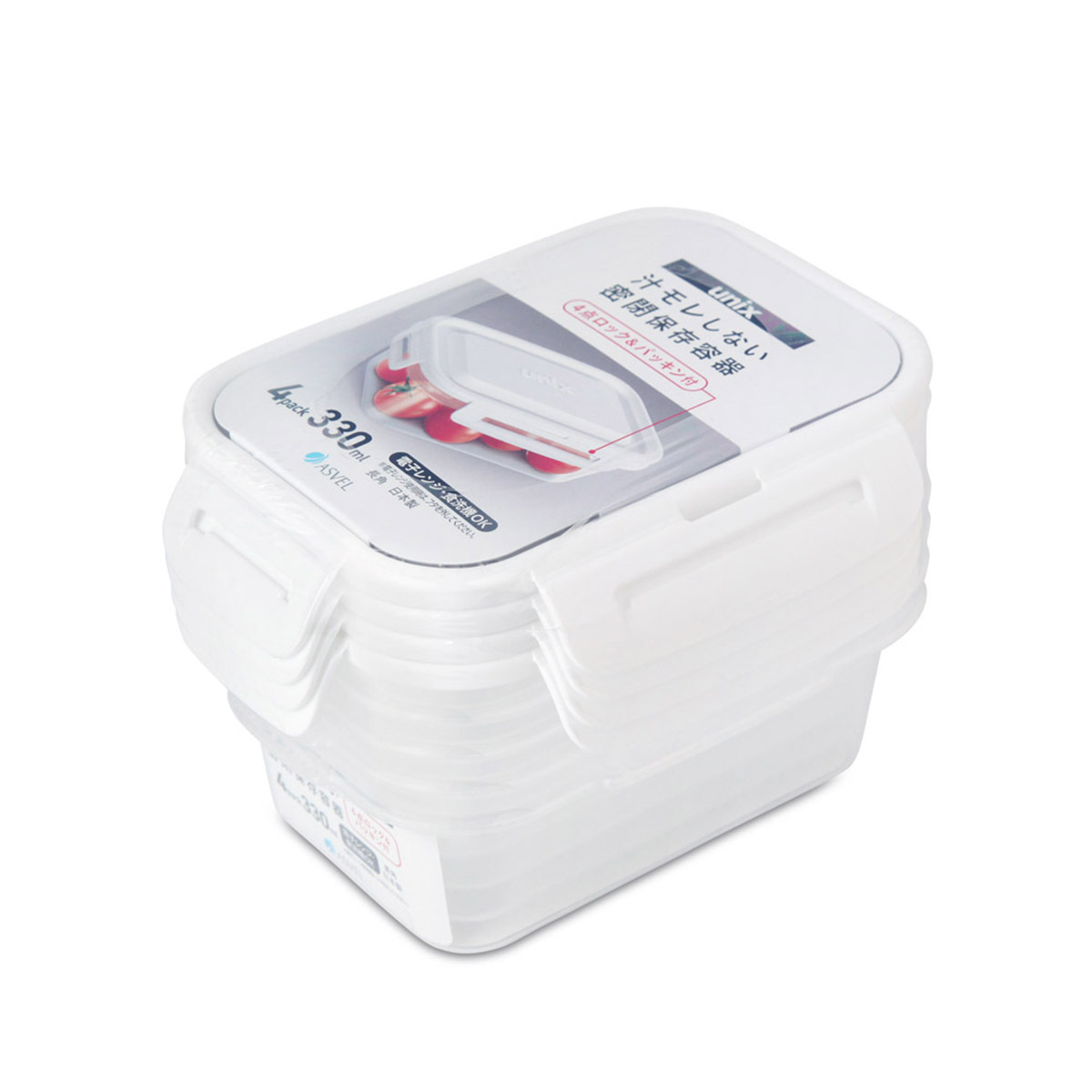 日本品牌 ASVEL UNIX 4p 330ml 4鎖 長方形防漏微波爐盒 -3707-W