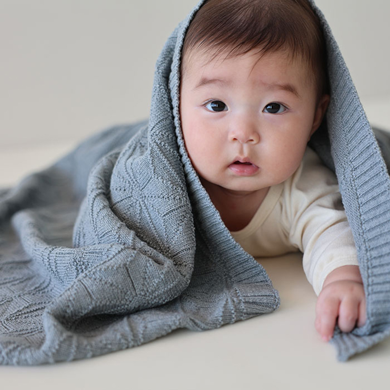COFUCU 麻葉紋有機棉針織嬰兒毯-沉灰