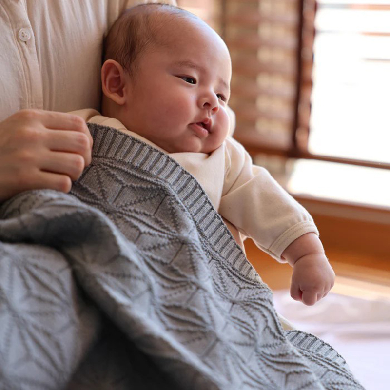 COFUCU 麻葉紋有機棉針織嬰兒毯-沉灰