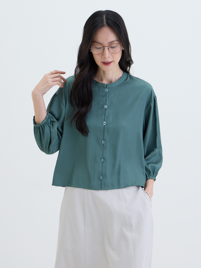 暮色緞語開襟長袖襯衫-綠松