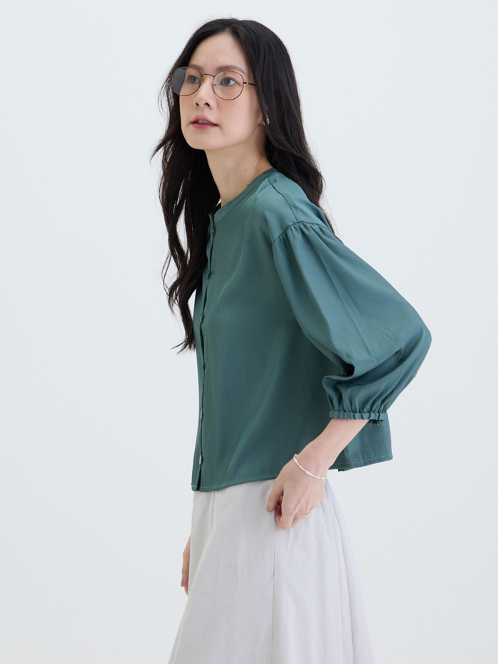 暮色緞語開襟長袖襯衫-綠松