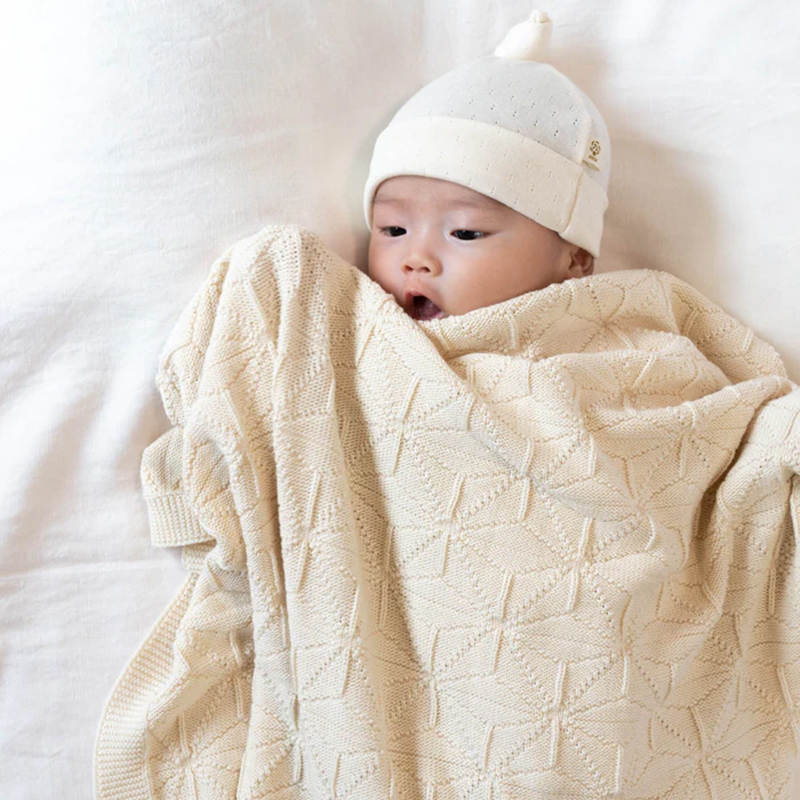 COFUCU 麻葉紋有機棉針織嬰兒毯-米白