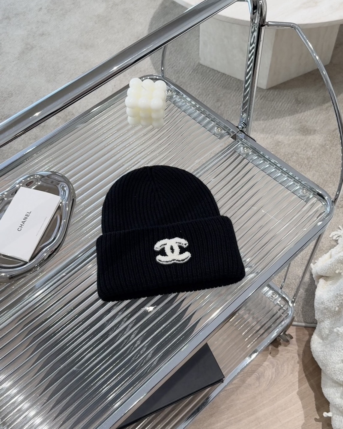 CHANEL｜LOGO羅紋毛帽 黑色