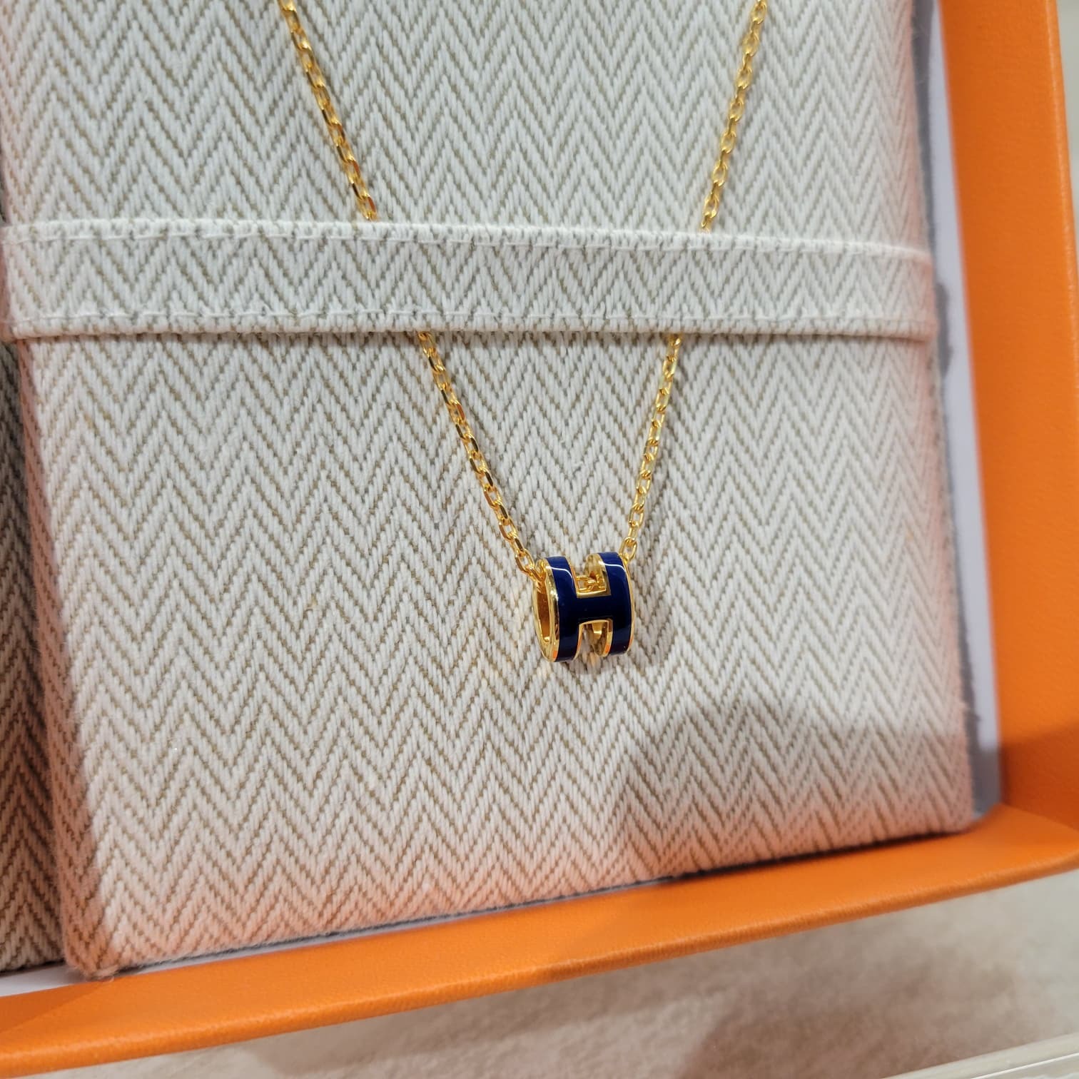 HERMES MINI POP H PENDANT BLEU SAPHIR F 寶石藍拼金頸鏈