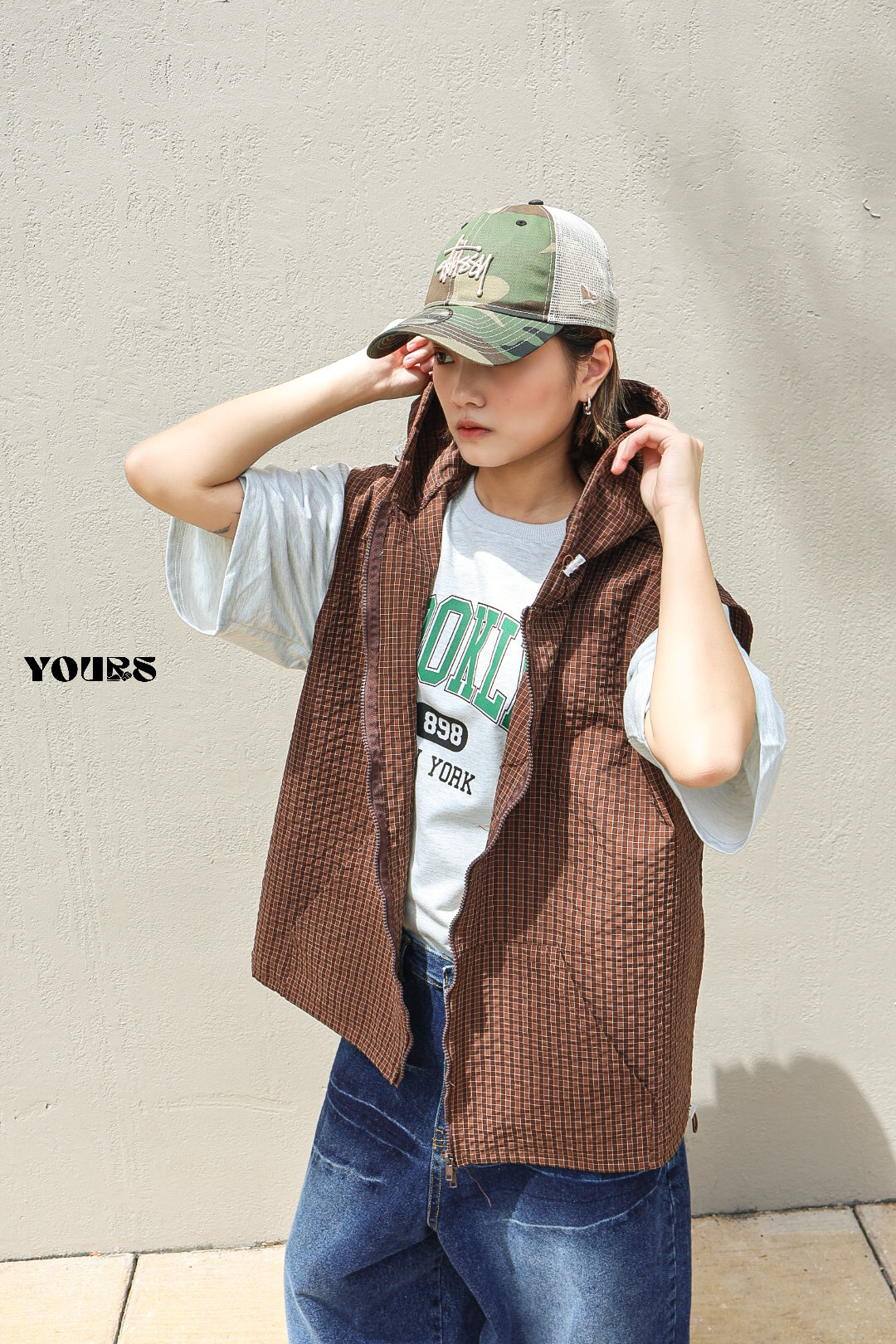 正韓 格紋連帽背心 (2colors)