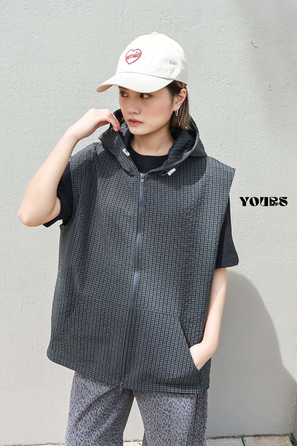 正韓 格紋連帽背心 (2colors)