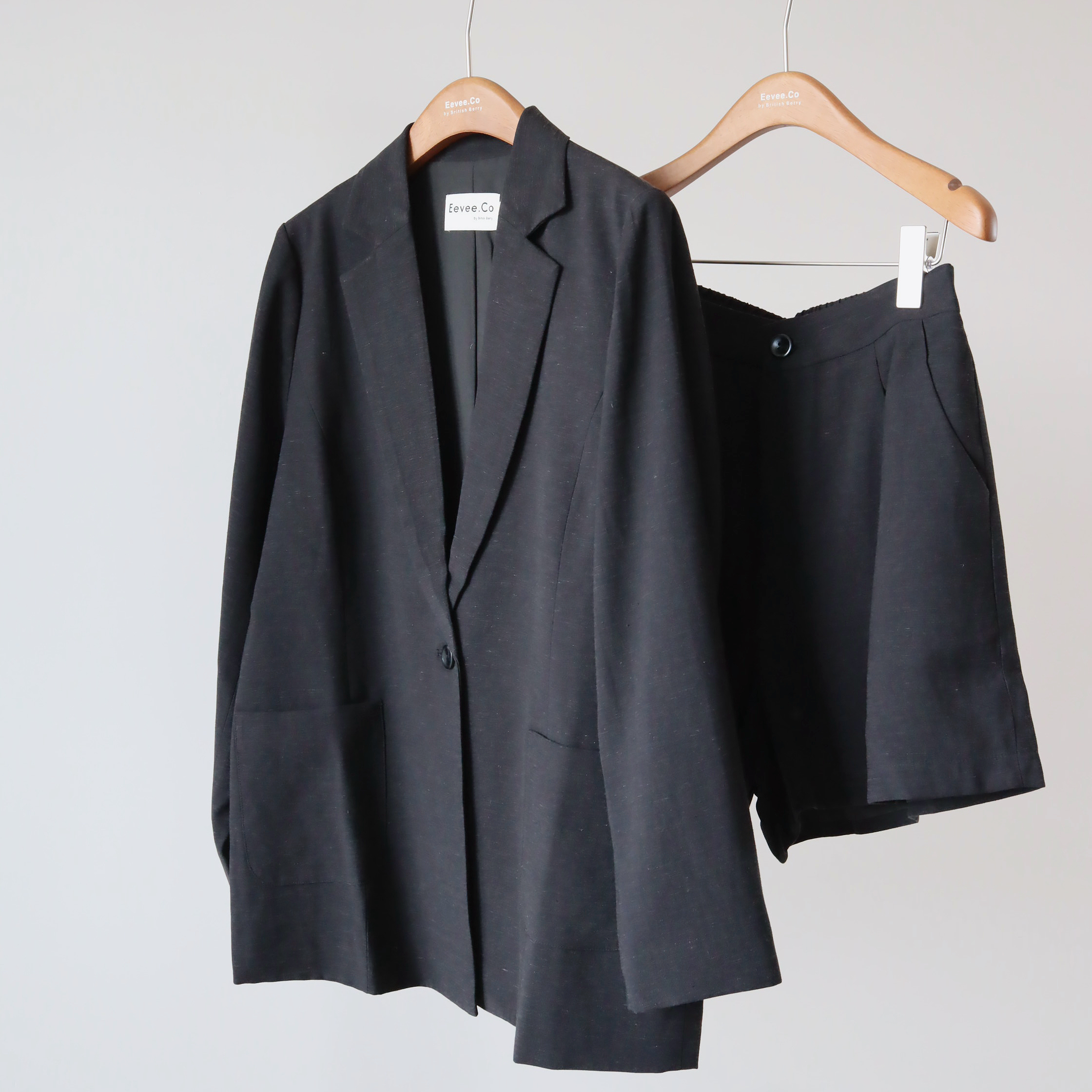 現貨 7226 黑色棉麻西裝短褲套裝