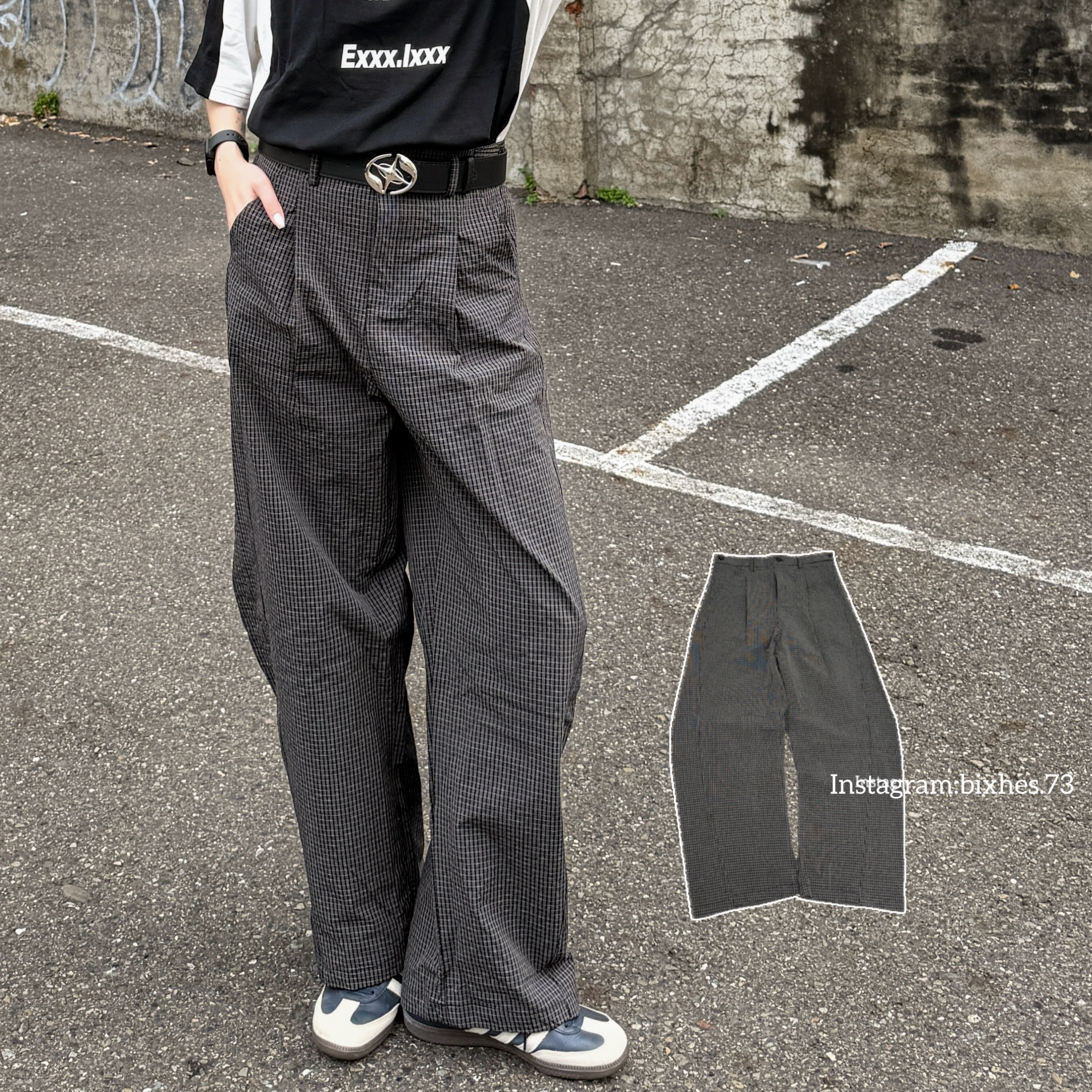 細格雙摺彎刀寬褲(E00043)