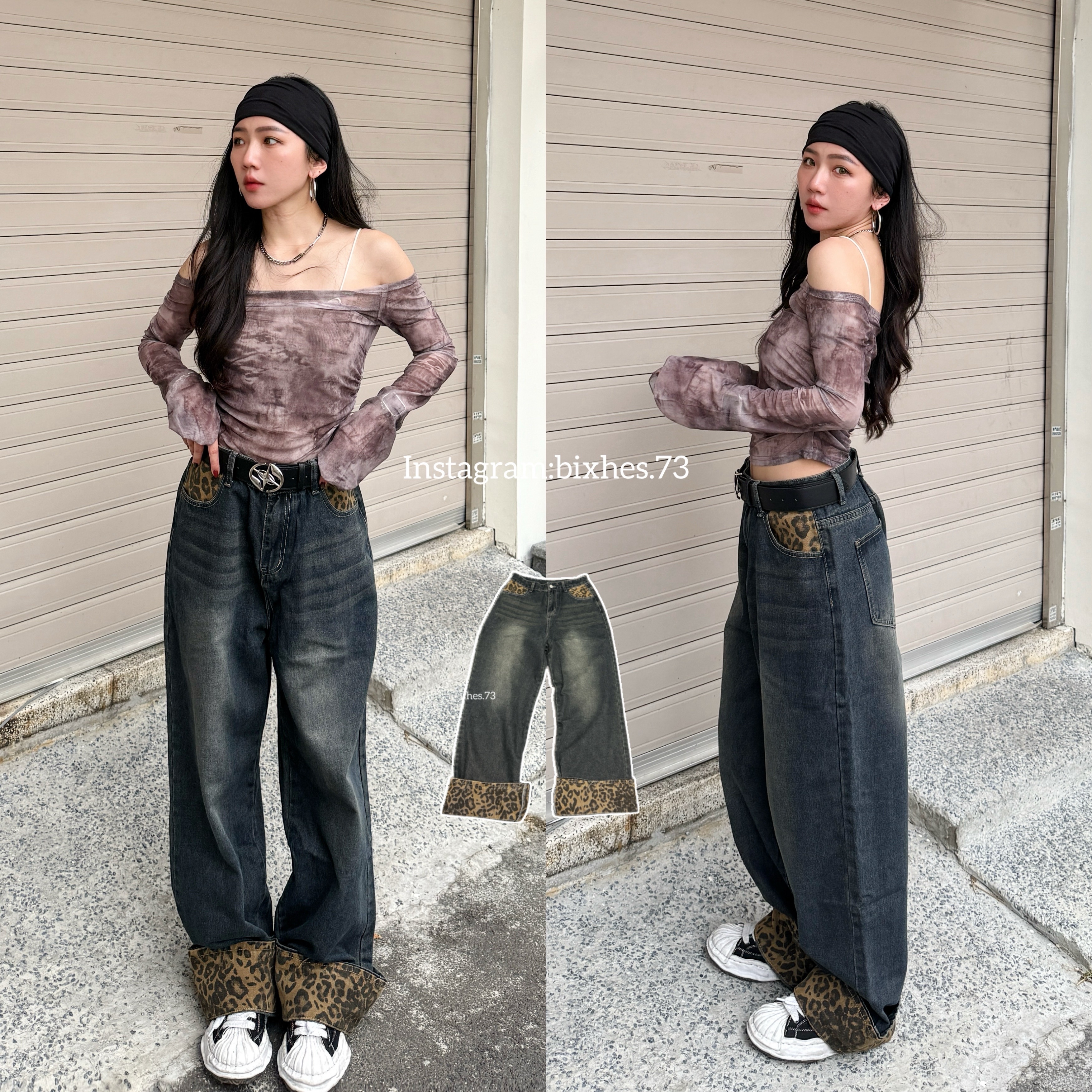 復古豹紋拼接翻邊牛仔褲(E00035)