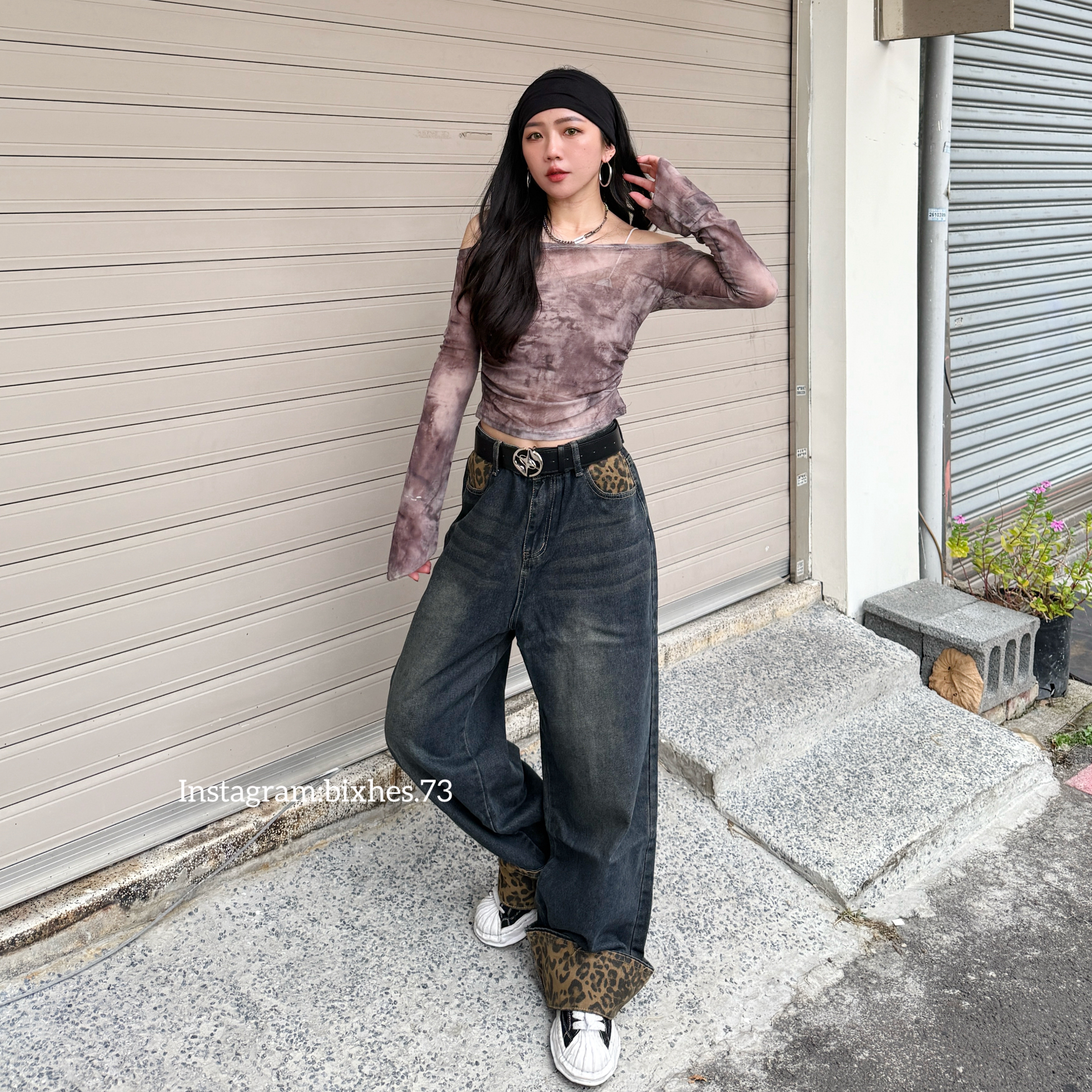 復古豹紋拼接翻邊牛仔褲(E00035)