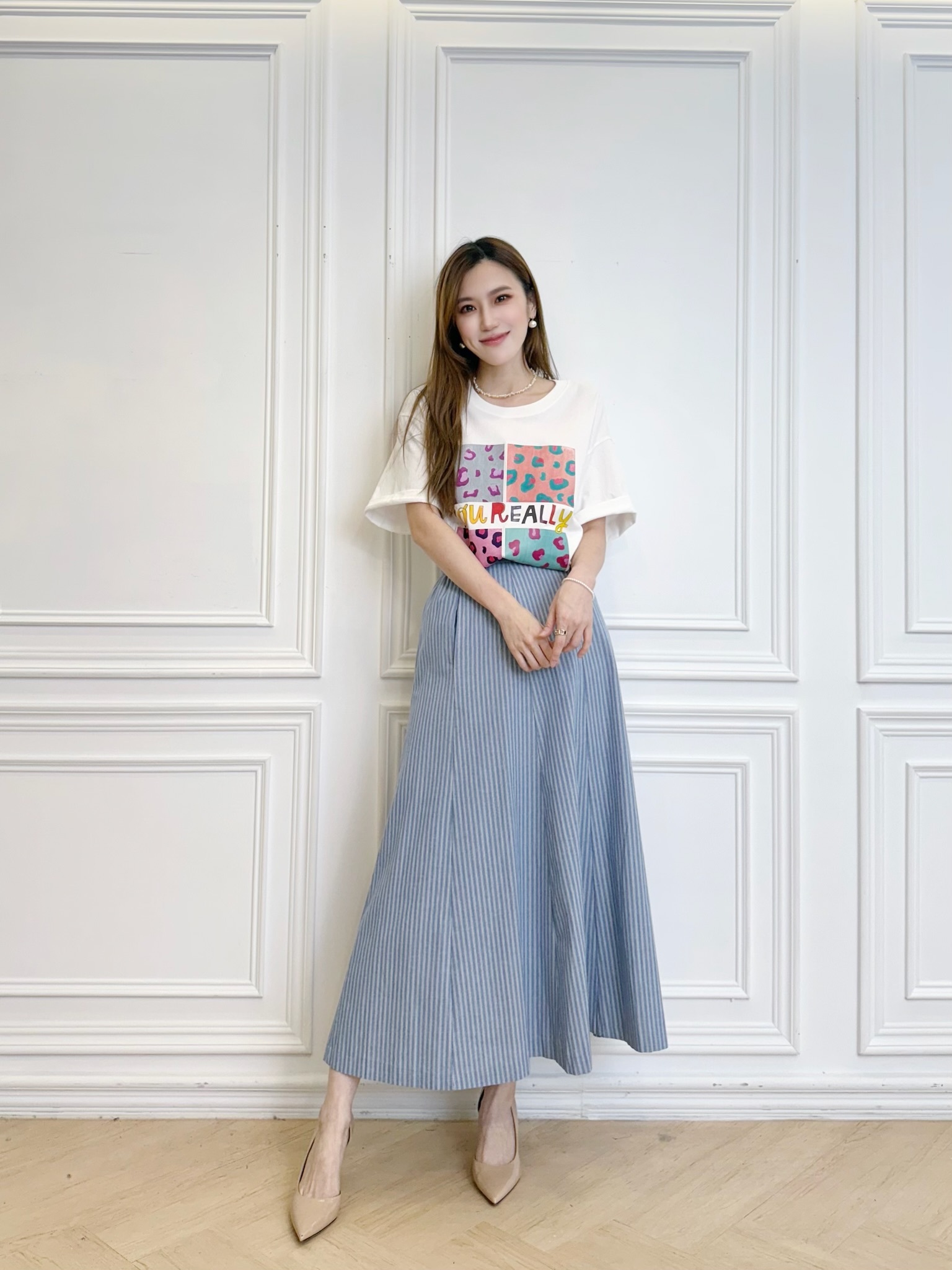 條紋綁帶短袖傘裙SET