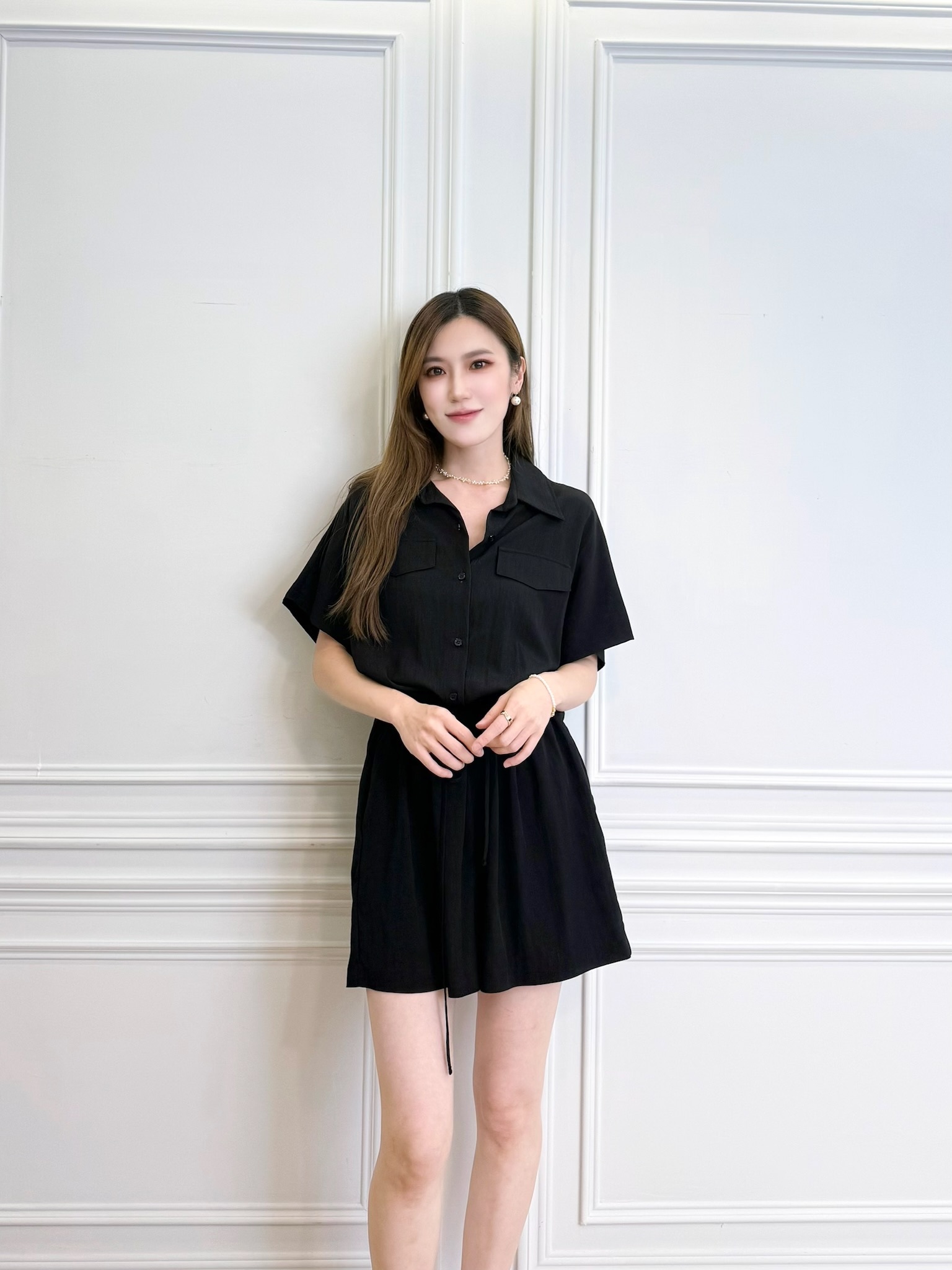 軟料翻領抽繩連身短褲