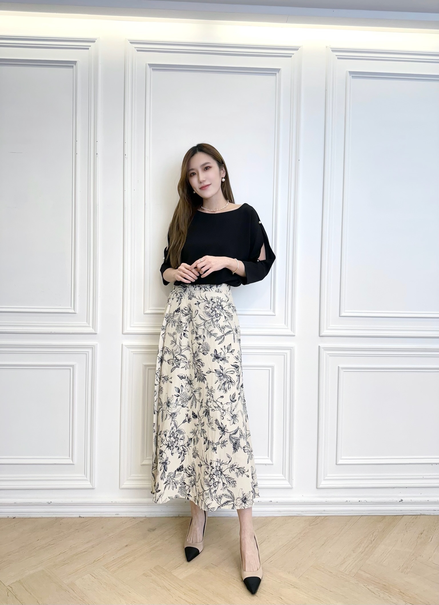 優雅花卉印花傘裙