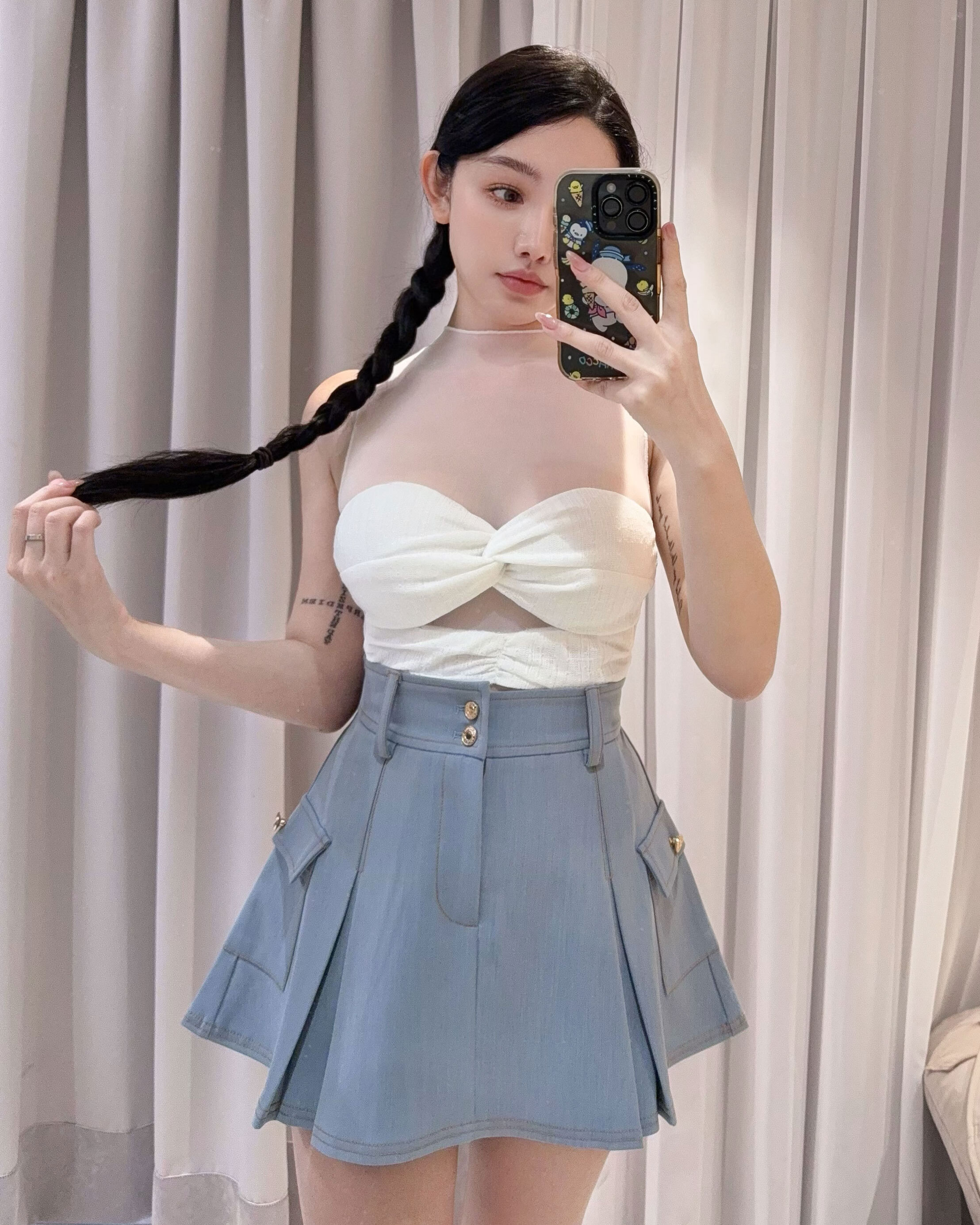 訂製-性感網紗小高領扭轉上衣