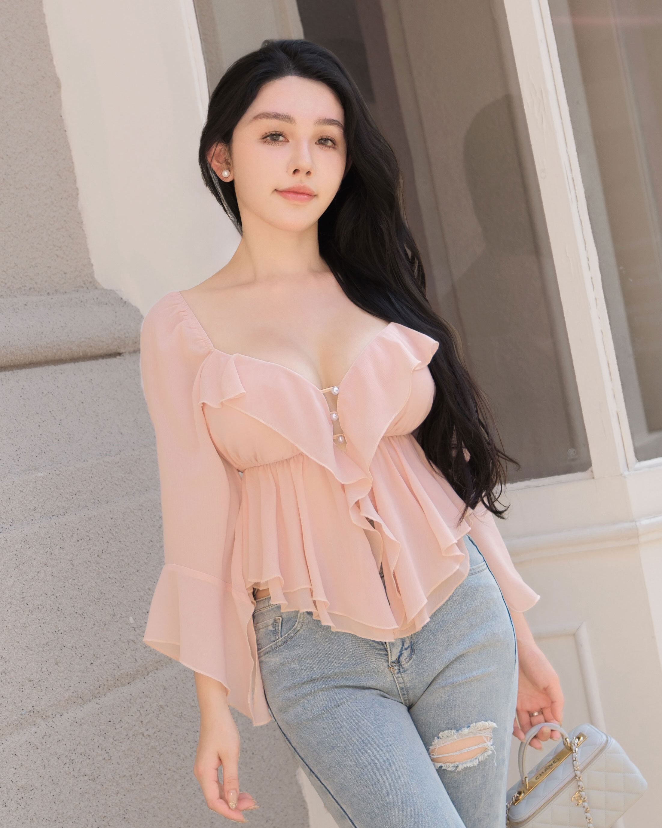 七夕限定-氣質荷葉水袖珍珠釦上衣