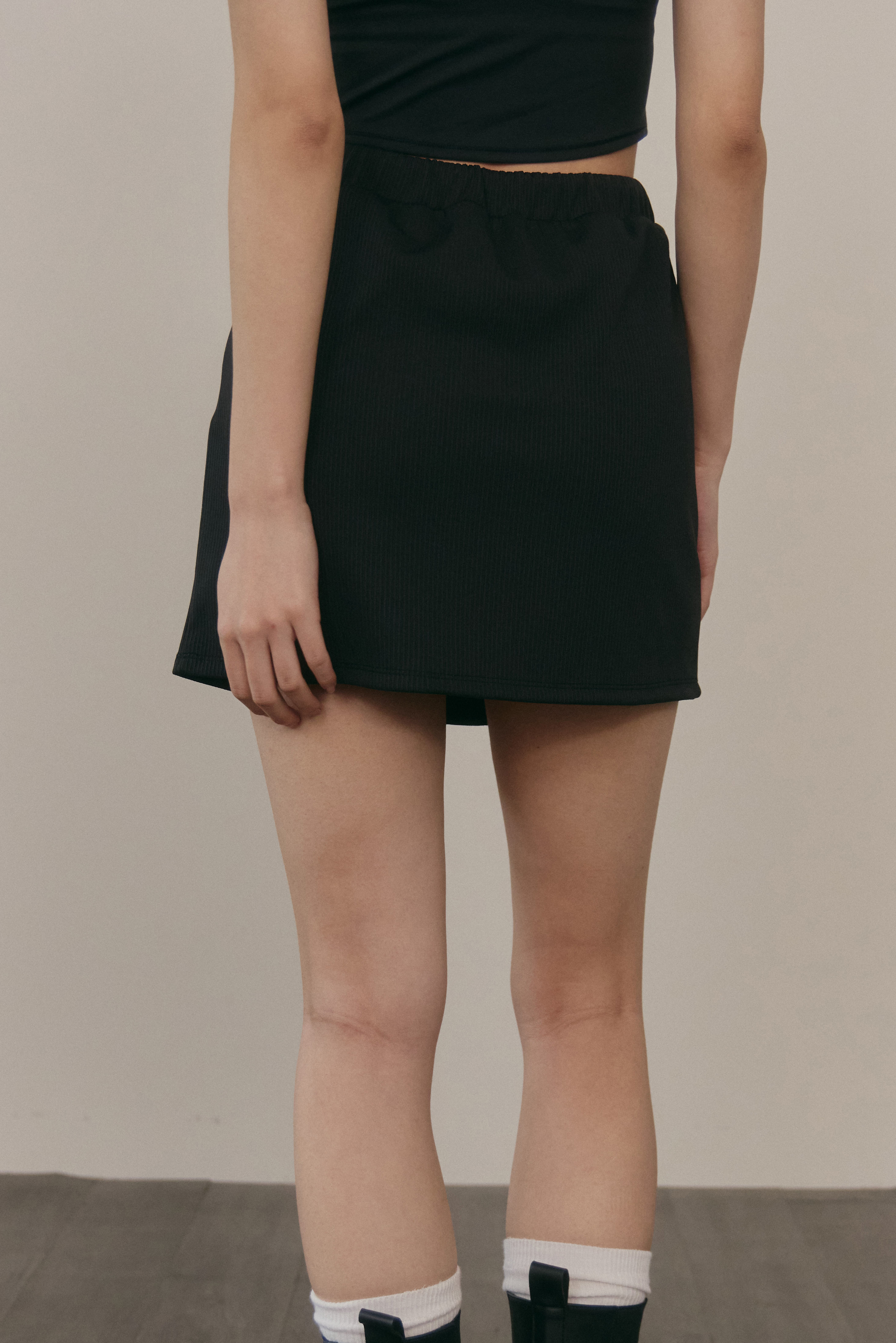 撞色抽繩褲裙- 黑